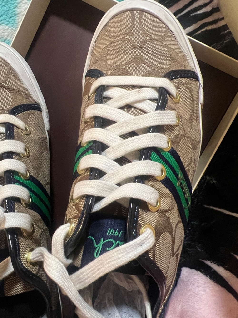 Coach Tan Signature Canvas Sneaker with Green and Navy Stripe - Picture 3 of 6